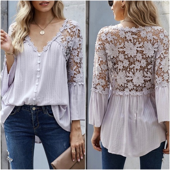 BellanBlue Tops - Boho Floral Crochet Button up Bell Sleeve Top